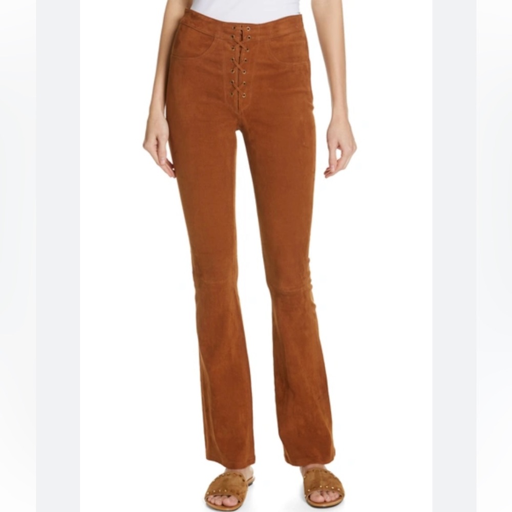 FRAME 100% Lamb Nubuck High Rise Mini Bootcut Suede Lace Up Pants in Terracotta